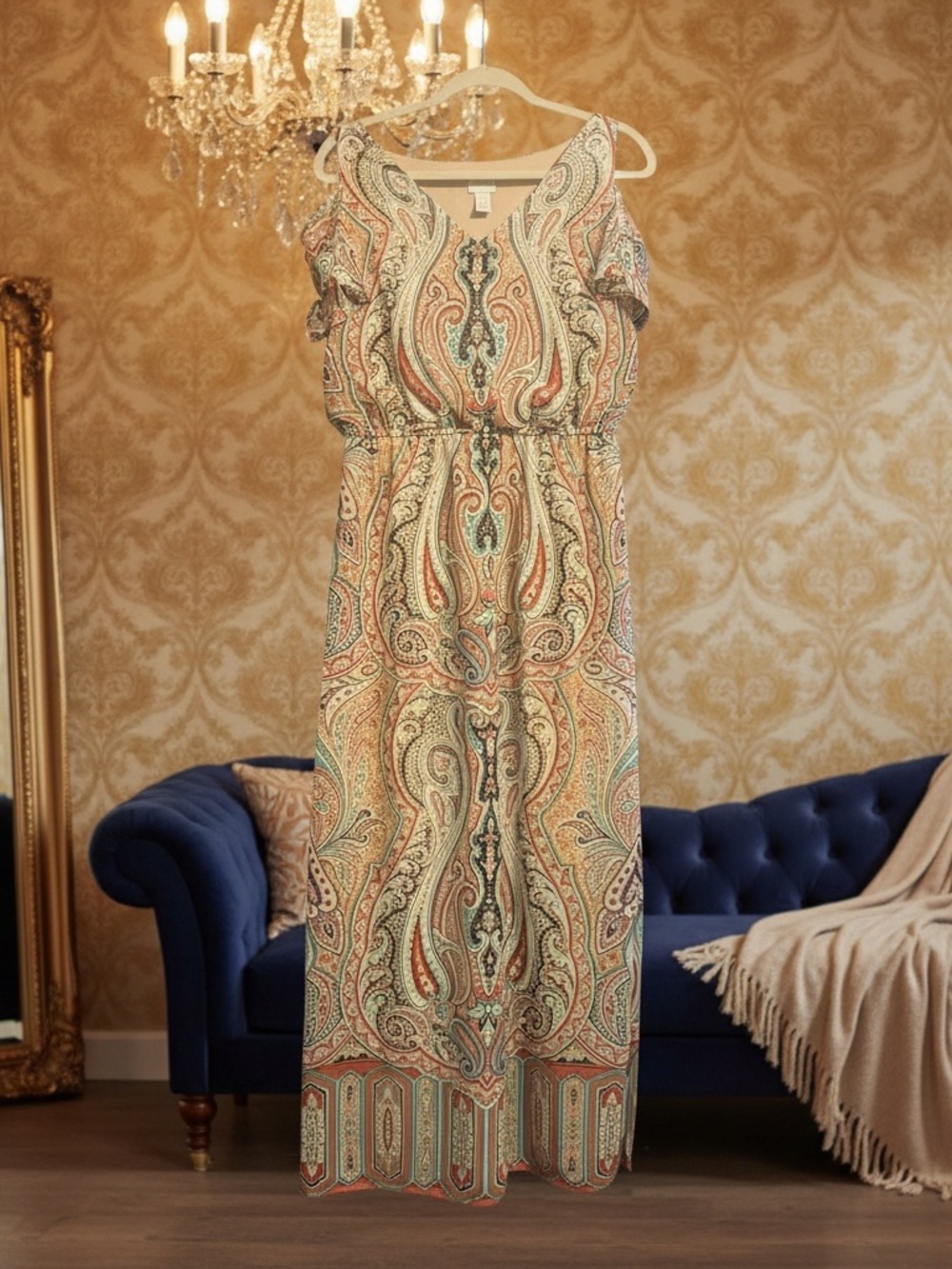Chico's Peach Paisley Cold-Shoulder Midi Dress - Picture 6 of 10
